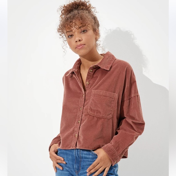 American Eagle Corduroy Crop Button Down Shirt - Picture 1 of 6